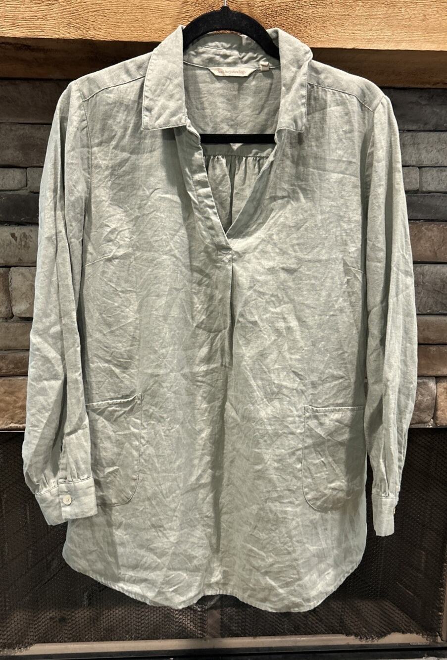 Women’s SOFT SURROUNDINGS Green Linen Tunic Long Sleeve Shirt L *A6
